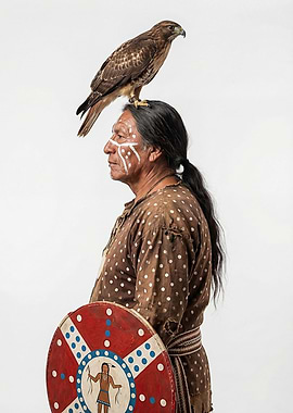 Native American Man with Hawk and Shield