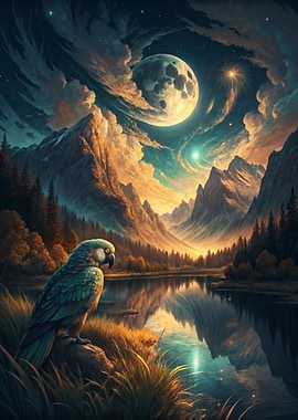 Parrot by Moonlit Mountain Lake
