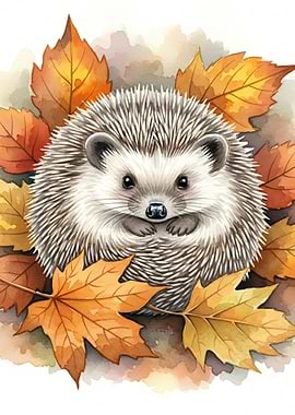 Cute Hedgehog in Autumn Leaves