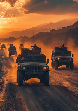 Military convoy in desert sunset