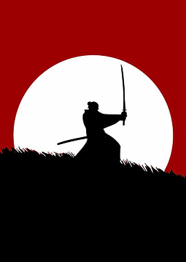Samurai Silhouette Against a Large Moon