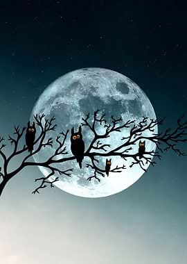 Owls on a branch under the moon