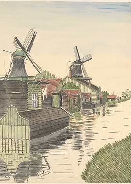 Dutch Windmills by a Canal