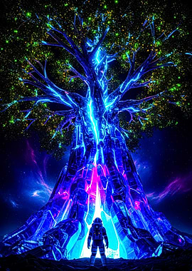 Astronaut and glowing cosmic tree