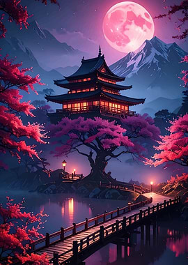 Enchanting Japanese Pagoda Under a Pink Moon