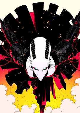 Futuristic character with mechanical arms