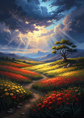 Sunlit Meadow with Mountains