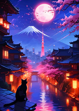 Anime Night Scene with Cat and Mount Fuji