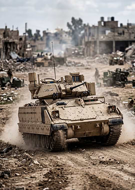 Military Tank in Ruined City
