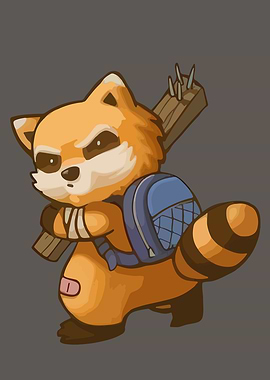 Cartoon Raccoon Warrior with Backpack