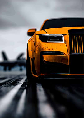Orange Luxury Car on Wet Runway