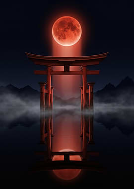 Red Moon Over Japanese Torii