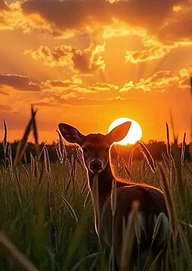Deer in a sunset field