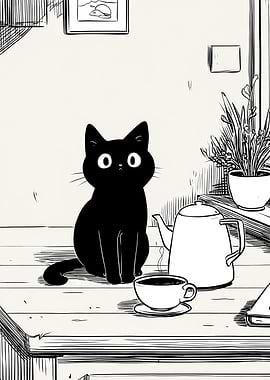 Black Cat with Coffee and Teapot