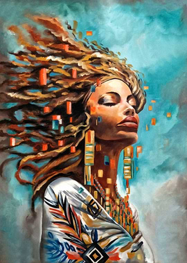 Woman oil painting with flowing dreadlocks and colorful attire
