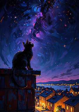 Black Cat Gazing at Starry Sky