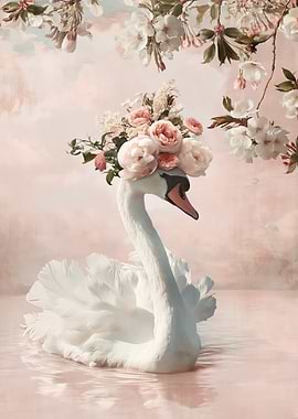 Swan with Flower Crown in Water