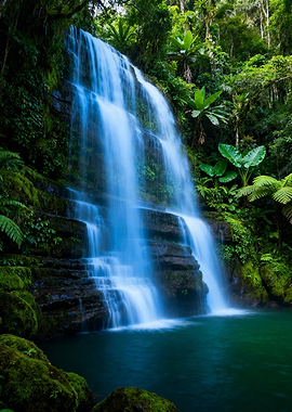 Lush Waterfall in Tropical Rainforest