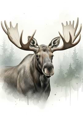 Watercolor Moose in Forest