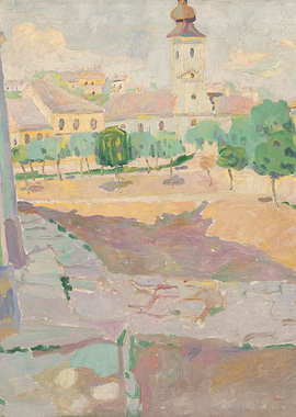 Impressionist painting of a European town square