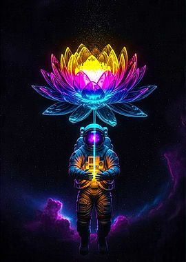 Astronaut and Cosmic Lotus Flower