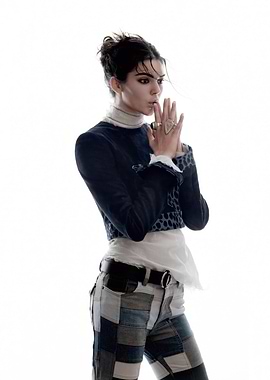 Kendall Jenner in Patchwork Jeans and Blue Jacket