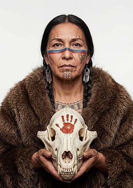 Indigenous woman holding a bear skull