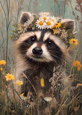 Raccoon Wearing a Flower Crown