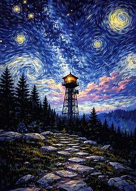 Starry Night Fire Tower Landscape