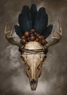 Deer Skull with Feathers and Berries
