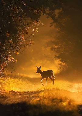 Deer in a misty forest at sunrise