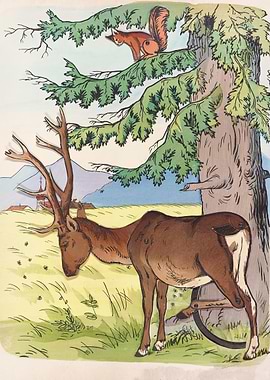 Deer and Squirrel in a Meadow