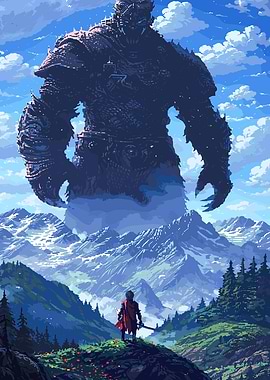 Giant Warrior Facing Mountain Landscape
