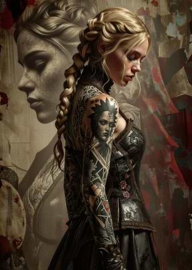 Tattooed Warrior Woman with Braided Hair