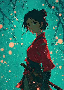 Samurai Woman in Red Kimono