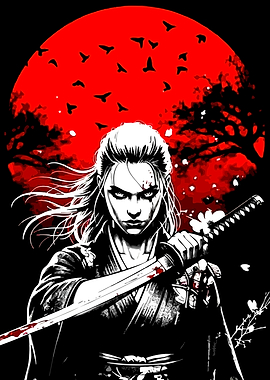 Samurai Warrior Under a Red Moon