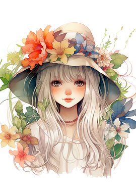 Anime Girl with Flowers and Hat