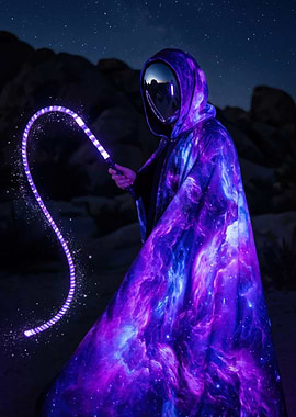 Cosmic Cloaked Figure with Light Whip