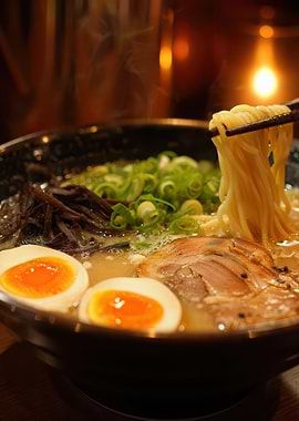 Steaming bowl of ramen with chopsticks