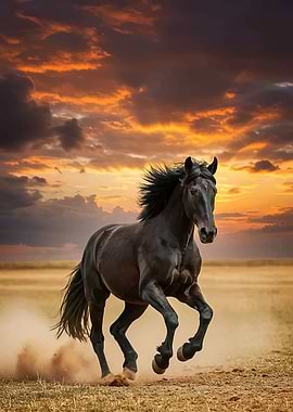 Black Horse Running at Sunset