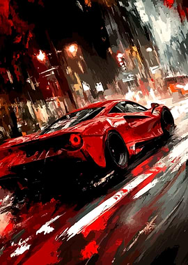 Red Sports Car in City at Night