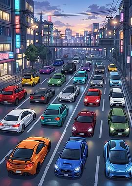 Anime City Traffic Jam at Dusk