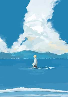 Person standing in water with mountains and clouds