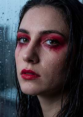 Woman with dramatic red makeup and water droplets