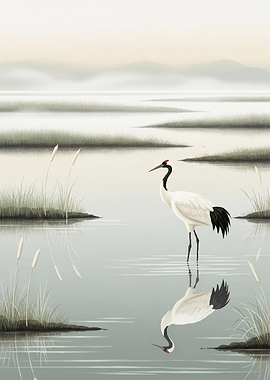 Red-crowned Crane in a Misty Wetland