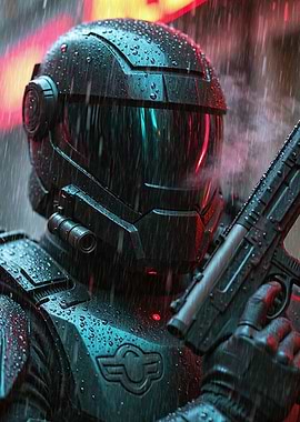 Cyberpunk Soldier in Rain