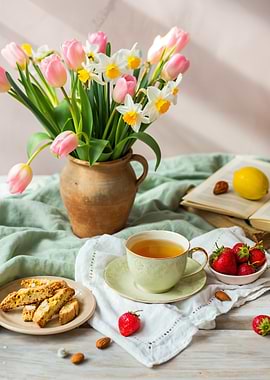 Spring Breakfast with Flowers and Tea