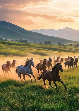 Herd of horses running at sunset