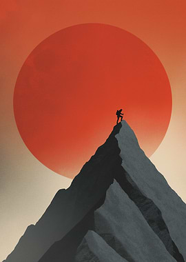 Hiker on mountain peak at sunset
