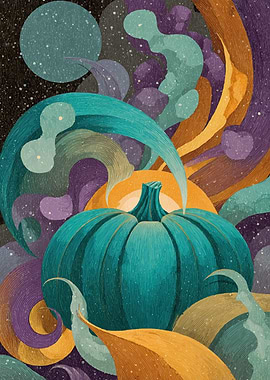 Surreal Teal Pumpkin in Cosmic Landscape